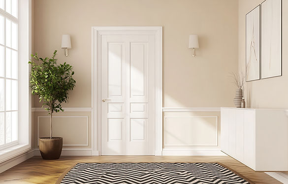  Elegant minimalist room with a white door