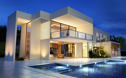 Modern two-story home with large glass windows