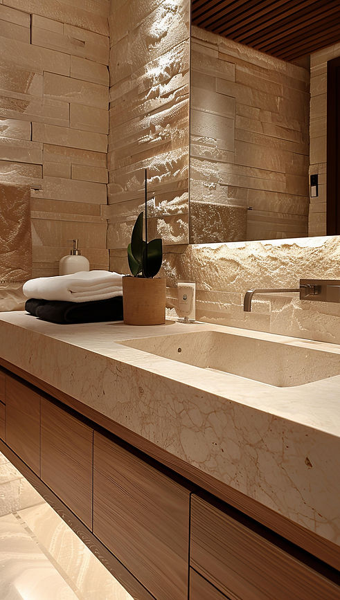 Luxurious bathroom with beige marble sink, stacked stone walls, and soft lighting