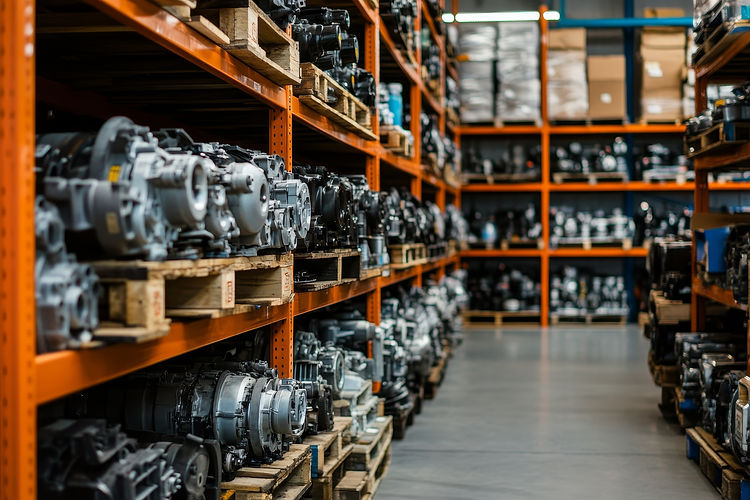 Industrial warehouse filled with neatly organized engine parts on orange shelves
