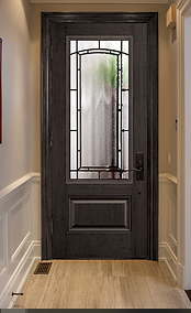A sleek black door with a glass panel
