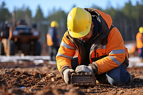 Worker in an orange reflective jacket and yellow hard hat examines a soil sample on a construction site
