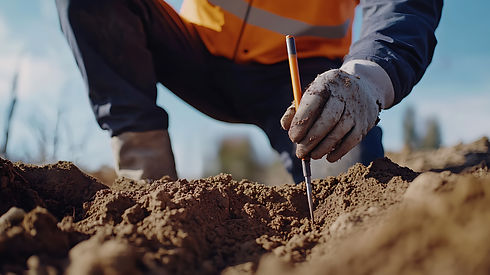 Two workers in hard hats and safety gear examine samples by a shoreline