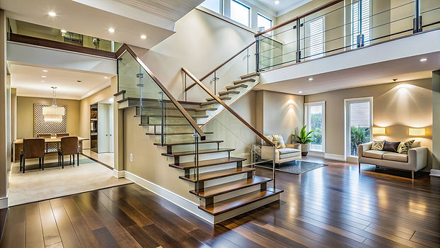 A contemporary home interior featuring a stylish staircase and elegant hardwood flooring