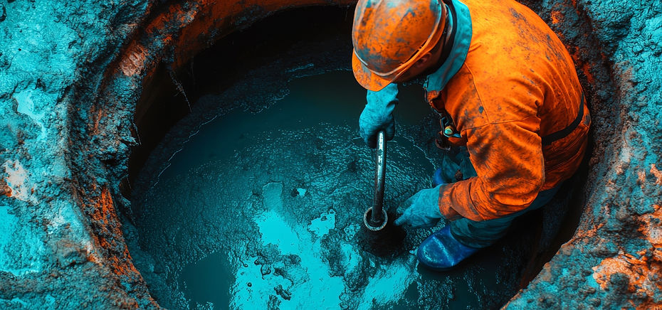 Worker in orange safety gear cleaning a septic tank