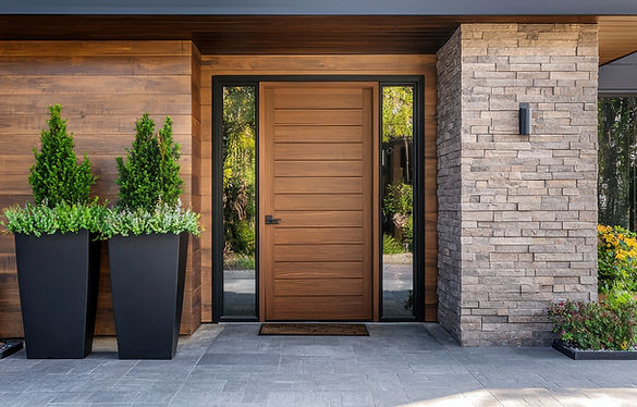  Modern entrance featuring a wooden door with elegant planters