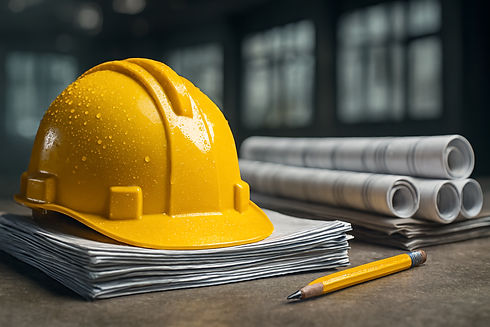 Yellow hard hat with water droplets sits on stacked documents next to rolled blueprints and a pencil