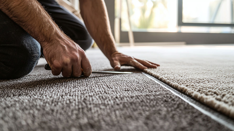 A person is installing carpet