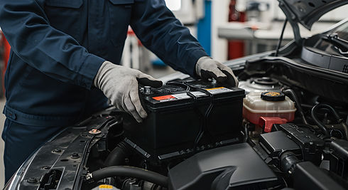 A mechanic in blue overalls and gloves installs a car battery under the raised hood of a vehicle in a well-lit garage