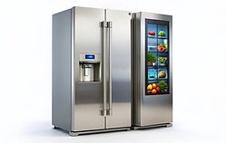 Sleek stainless steel side-by-side fridge with touchscreen controls 