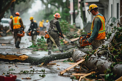Workers in safety gear use chainsaws to cut fallen trees on a debris-filled street after a storm