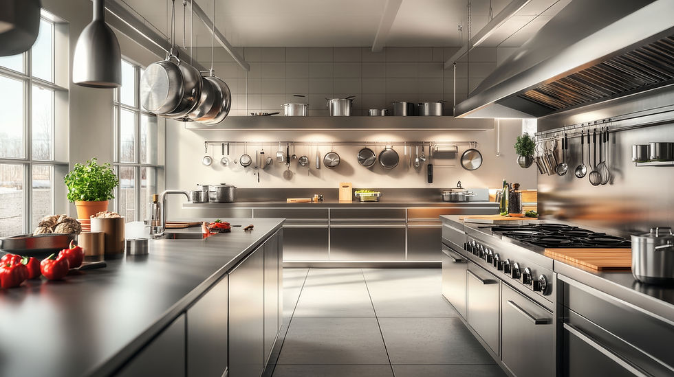 A spacious industrial kitchen is adorned with stainless steel appliances