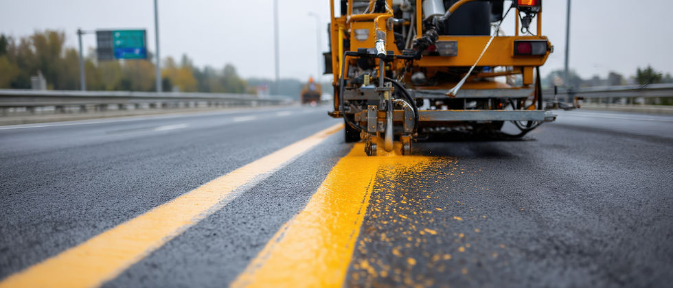 A road painting machine applies bright yellow lines on a freshly paved highway