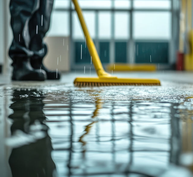A person using a yellow mop to sweep water off a floor