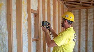 Un ouvrier du bâtiment utilise un appareil portatif pour inspecter l'isolation en mousse sur un mur en bois