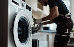 Close-up of a modern washing machine in focus
