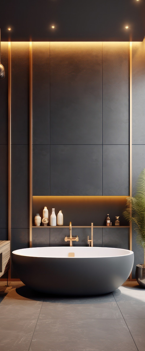 Luxurious bathroom with sleek dark tiles, illuminated by warm, soft lighting