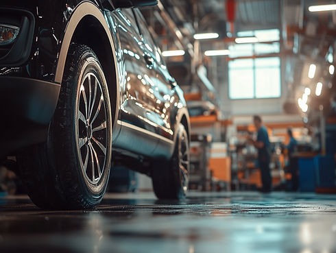 Close-up of a black SUV tire on a glossy garage floor