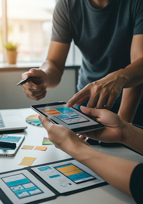 People Collaborating on Digital Application Design Using Tablet and Paper