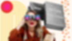 Woman with binoculars and book, bright pink lips. Background shows books labeled "The Rules & Regulations," yellow and red patterns. Energetic mood.