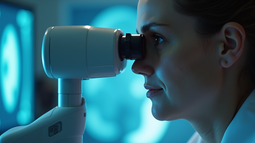 Close-up view of eye specialist using retinal imaging device