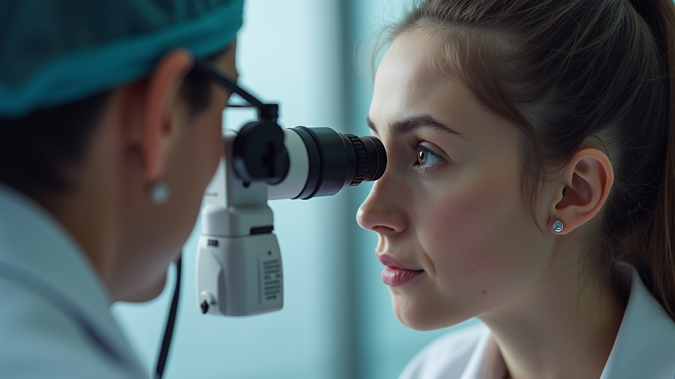 Close-up view of eye specialist examining a patient's eye with advanced equipment