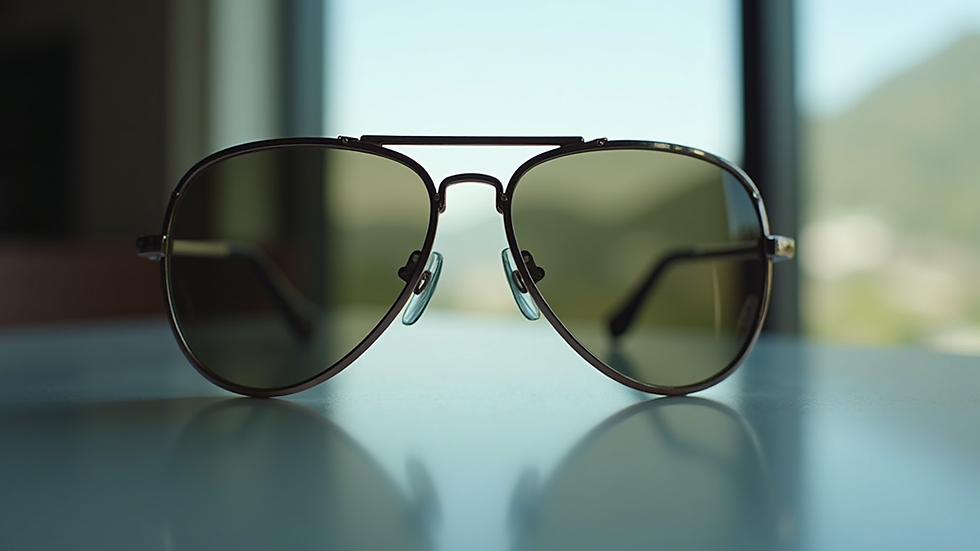Eye-level view of luxury aviator sunglasses on a reflective surface