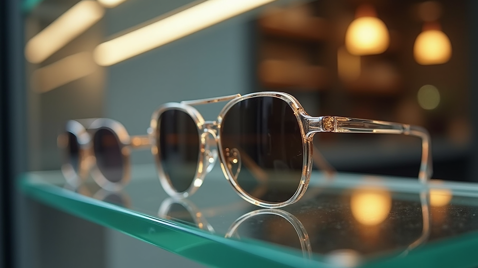Eye-level view of luxury sunglasses displayed on a glass shelf