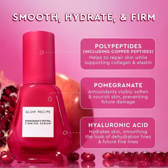 Thumbnail: benefits and ingredients of skin firming serum with a bottle and text on pink background