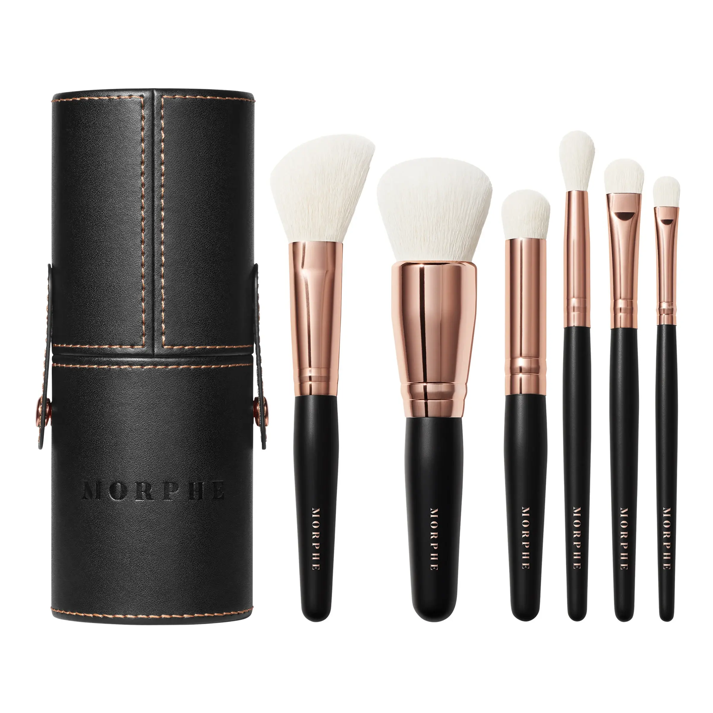 Morphe - Rosé Away 6-Piece Face & Eye Travel Brush Set with its cylindrical black packaging