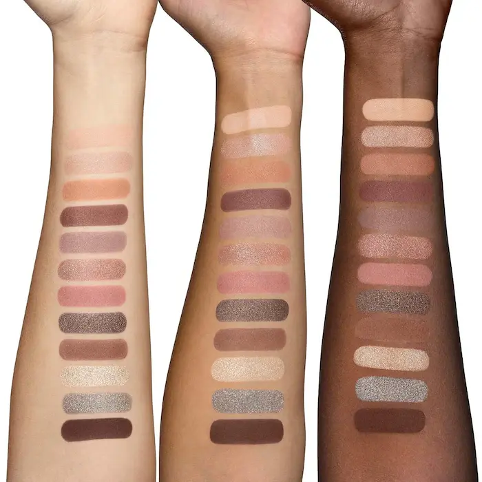 arm swatches of makeup by mario eyeshadow palette on deep, medium and light tone skin