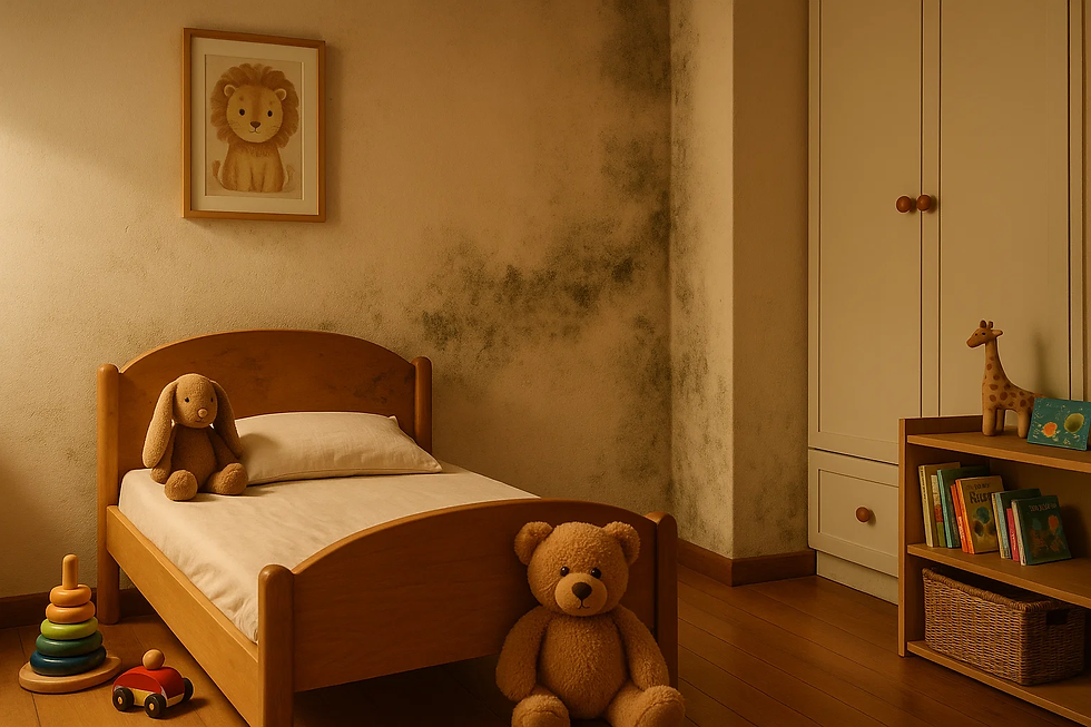 Children’s bedroom with severe mould growth on the wall, representing common mould problems in Singapore homes that affect child health and indoor air quality.