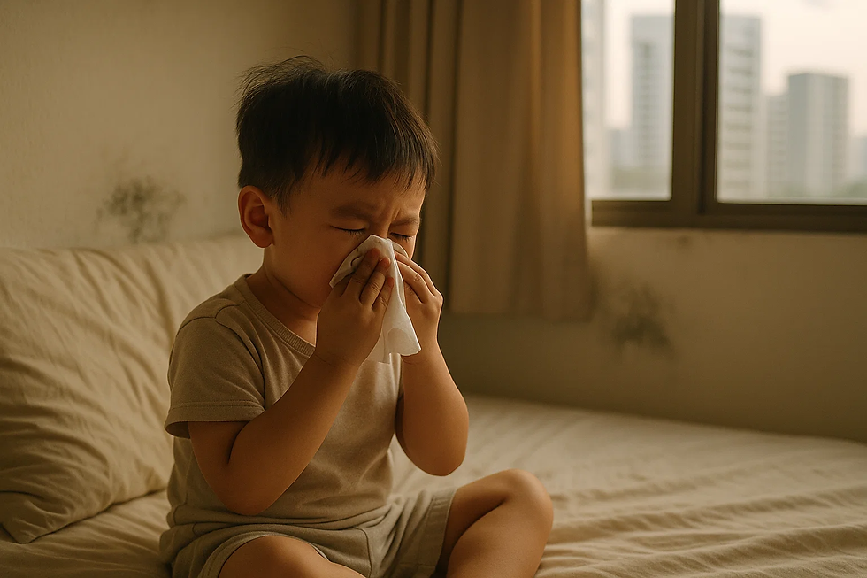 Young child sneezing in a bedroom with visible mould spots on the wall, showing how mould in Singapore homes can trigger allergies and respiratory symptoms.