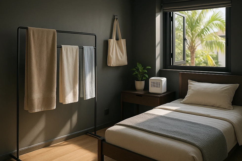 Singapore bedroom with an open windows, running dehumidifier used to prevent mould on towels and fabric items.