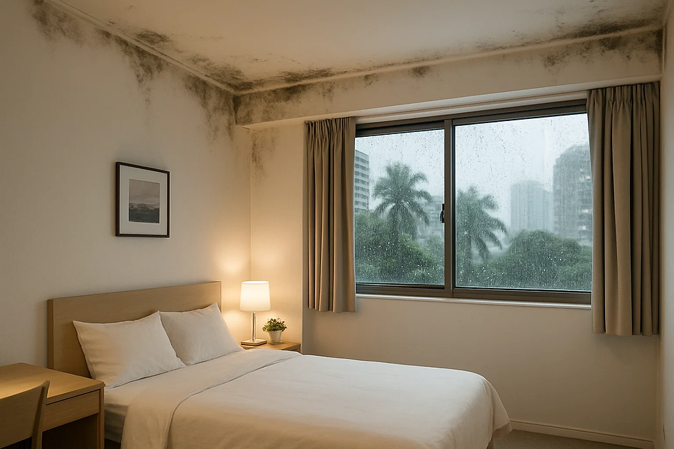 Severe mould growth spreading across the ceiling and upper walls of a Singapore bedroom during humid weather, showing how trapped moisture and rain exposure trigger indoor mould problems.