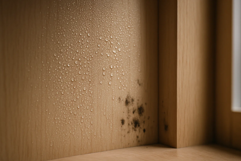 Close up of condensation and early mould growth inside a wardrobe caused by trapped moisture in Singapore’s humid climate.