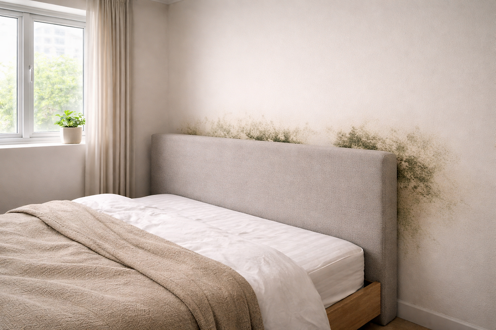 Mould growth hidden behind bedroom furniture caused by trapped humidity in a Singapore home