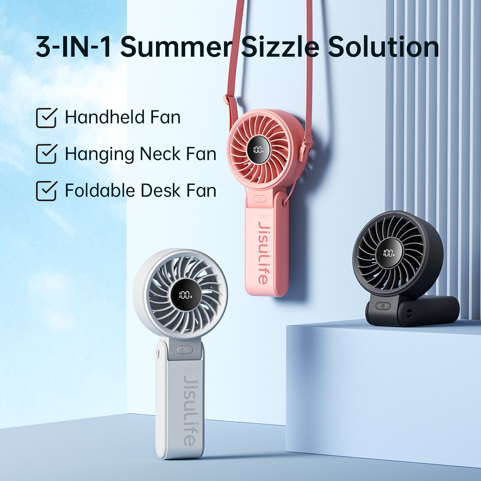 JISULIFE Portable Handheld Fan with LED Display,5 Speeds,5000mAh,150°Folded,3-I