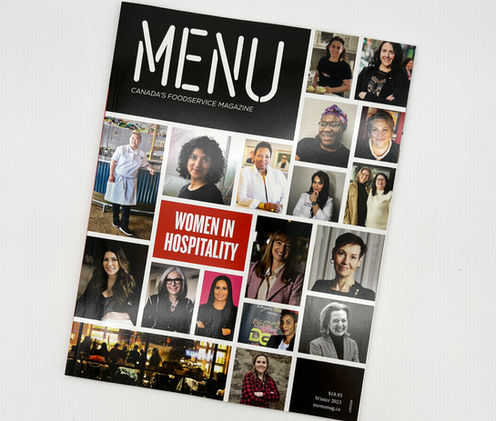 Cover of menu magazine with woman from the industry featured
