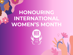 International Women’s Day banner with raised hands illustration celebrating International Women’s Month for HER Seat at the Table