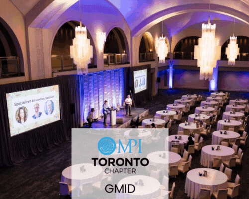 Animated recap of Connie Cay-Santos speaking at MPI Toronto’s Global Meetings Industry Day, showing moments from a specialized education session on authentic online presence. The montage includes Connie presenting on stage, discussing technical setup such as lighting and camera placement, wellness and energy management for virtual meetings, and the importance of showing up authentically with a current, professional profile image to build trust and meaningful connections.