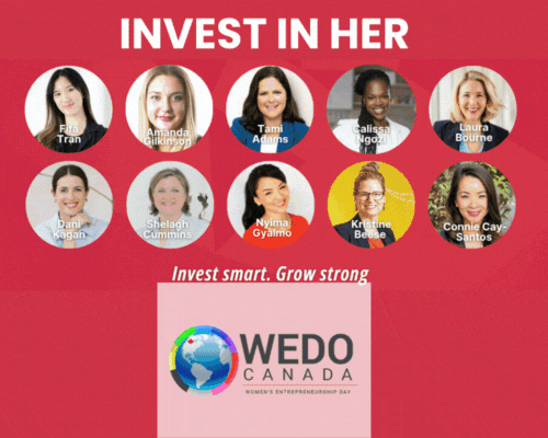 Animated GIF featuring multiple photos of Connie Cay-Santos speaking at the WEDO Canada Invest in HER event. Images show Connie on stage presenting, engaging with audiences, posing with WEDO-branded signage, and speaking during breakout and keynote-style sessions, highlighting moments of leadership, connection, and empowerment.”