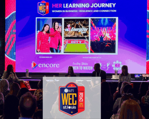 Animated recap of Connie Cay-Santos at MPI WEC 2025 in St. Louis, featuring moments from Women in Business learning sessions, bonfire-style community conversations, Future Leaders Forum discussions, and Senior Leader Round Tables. The montage includes the Rose Ceremony, symbolizing gratitude and recognition for mentors, allies, and supporters, and reflecting the HER Seat at the Table commitment to honoring those who keep the door open as we rise together.