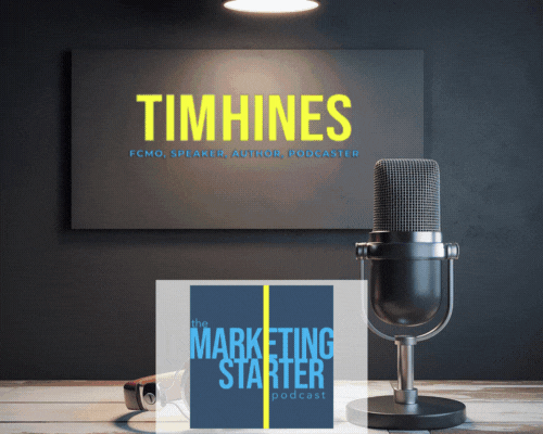Animated GIF showing Connie and Tim Hines with the marketing starter podcast branding