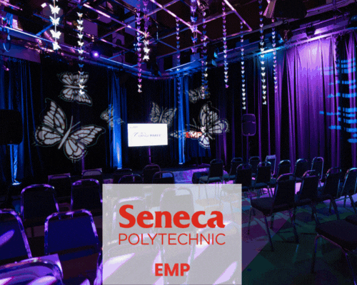 Animated GIF showing a sequence of moments from Connie Cay-Santos’ keynote at Seneca Polytechnic’s EMP Talk Series, including her speaking on stage, presentation slides on change-making and leadership, and candid moments engaging with attendees, highlighting themes of resilience, purpose-driven leadership, and navigating uncertainty.