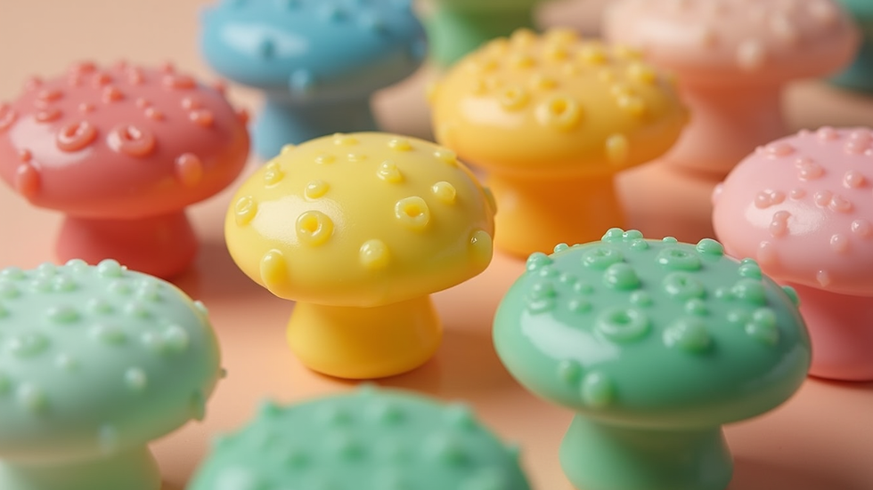 Close-up view of colorful mushroom soap bars arranged artistically