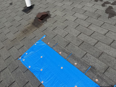 Blue temporary tarp secured over shingles on a Supreme Building Group jobsite roof
