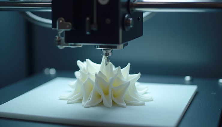 Vue rapprochée d’une imprimante 3D en action, déposant couche par couche un objet complexe