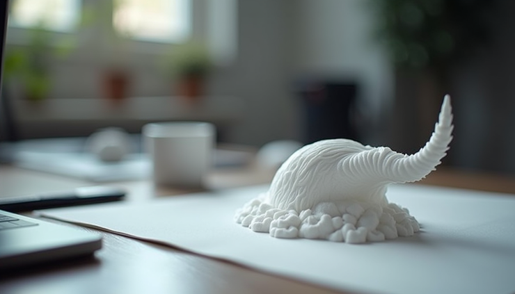 Vue latérale d’un prototype imprimé en 3D posé sur un bureau avec des outils de conception à côté