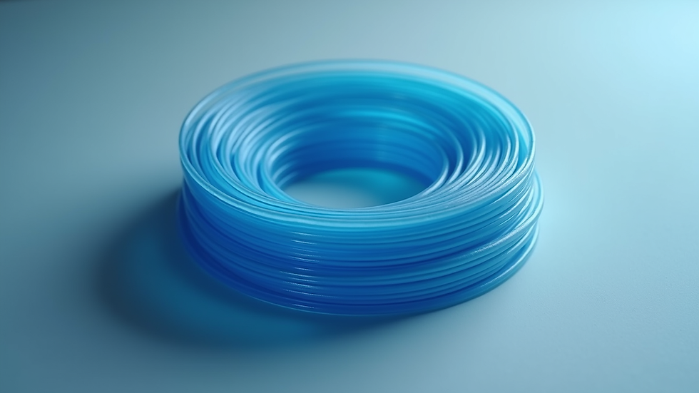 Vue rapprochée d'un rouleau de filament PETG Gsun3D bleu translucide